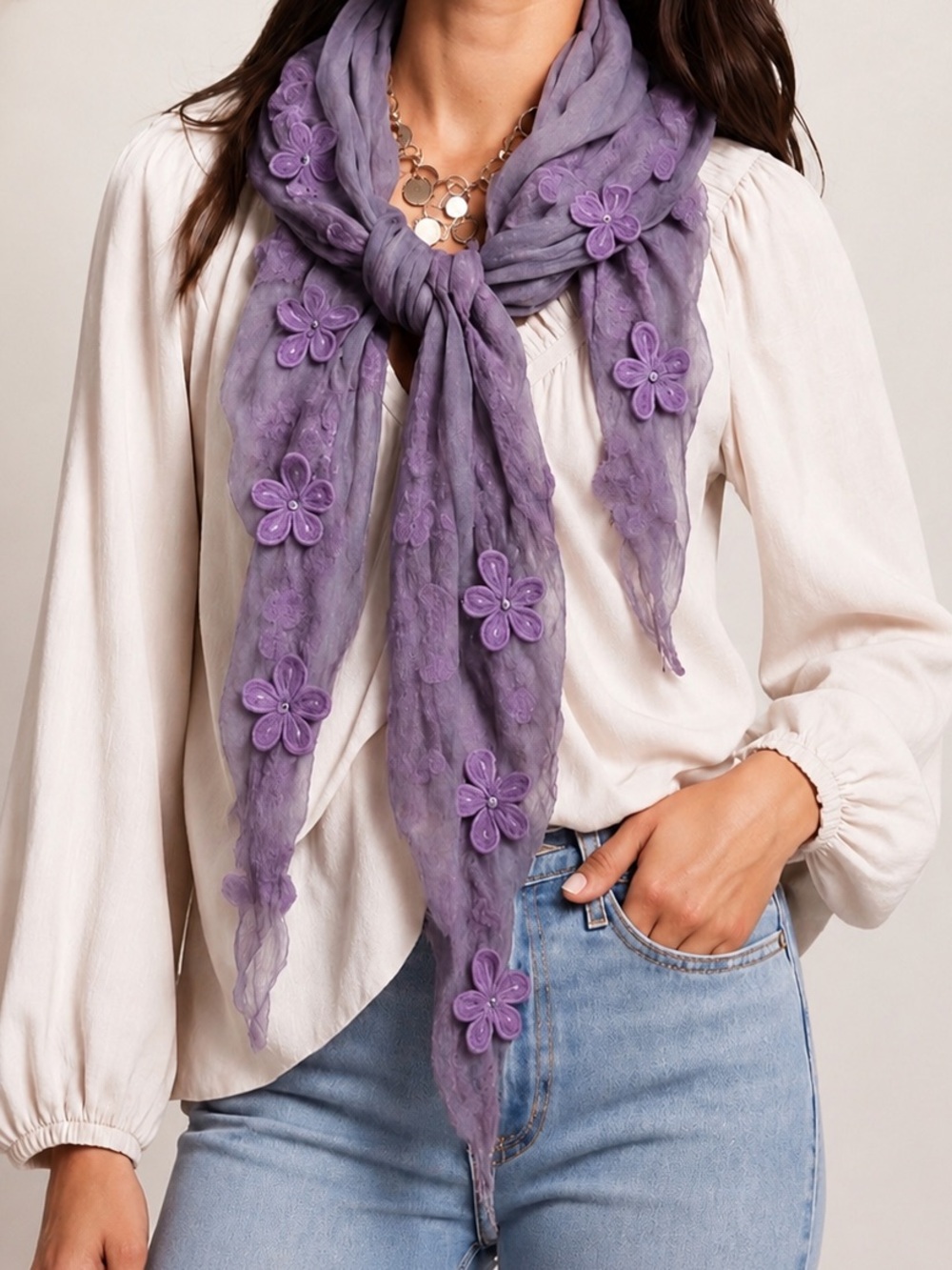 Kikiyo Scarf Purple‎ Mesh Lace Ruffles Embroidered Shabby Chic
